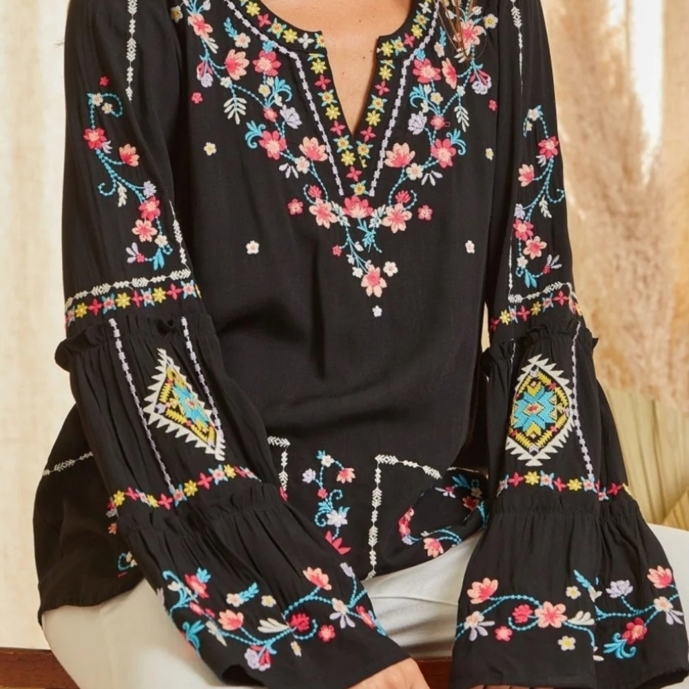 Savanna Jane Black Floral Embroidered Blouse